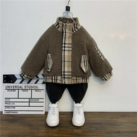 2021 autumn boy lamb wool lapel childrens coat thickened baby stitching plush children and winter new korean warm top