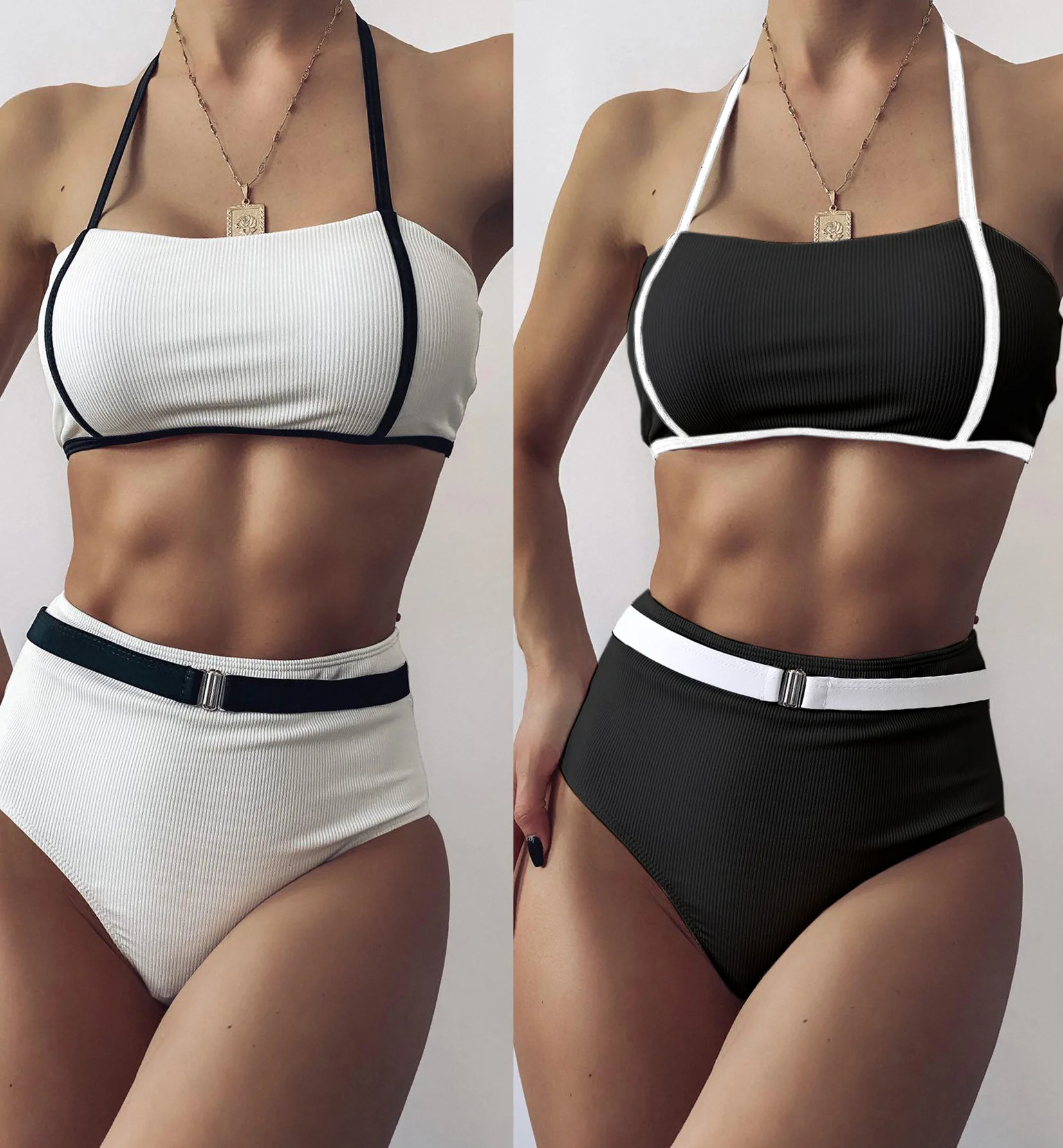 

Summer Women Bikini Sets Two-piece Halter Bikini Color Block Adjustable Straps High Waist Design Clothing Swimwear Beachwear