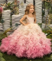 princess ball gown flower girl dress beaded ivory lace pink tulle ruffle sheer neck girls pageant gown birthday dress