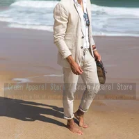 Newest Beige Linen Suit Male Set Slim fit Men's Sets Best Man Groom Wedding Dress Tuxedo Fashion Prom Jacket With Pants 2 Pieces