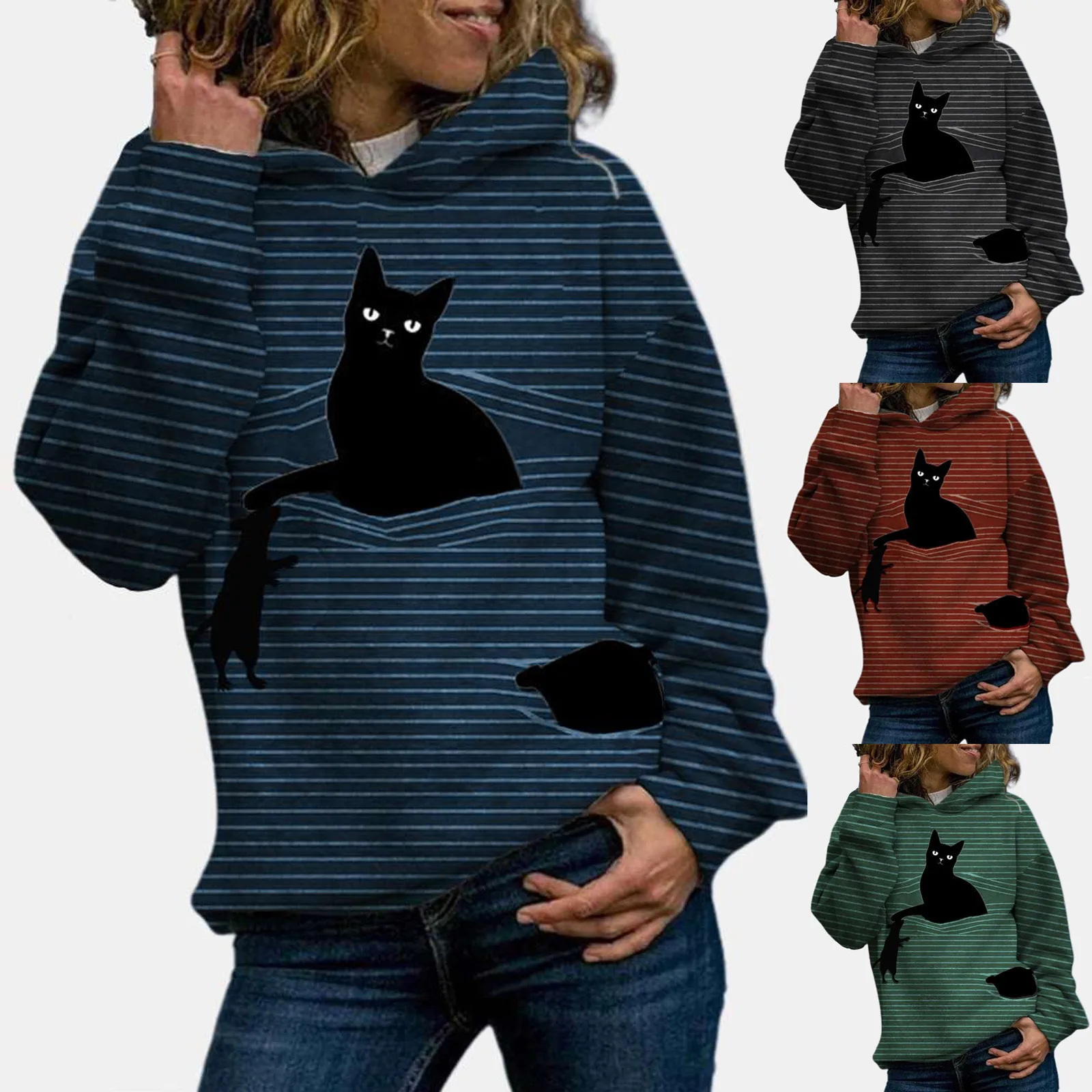 Women Hood Stripe 3d Cat Printing Hoodie Long Sleeves Pullover Sweatshirt Tops Streetwear Women Oversized Hoodies Sudaderas