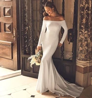 simple satin wedding dresses long sleeves off the shoulder buttons mermaid bridal gowns vestidos de mariage
