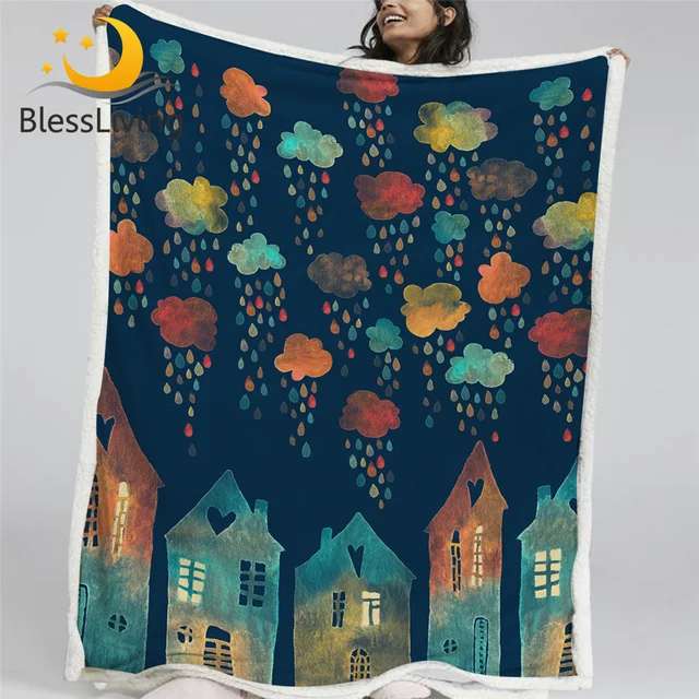 BlessLiving Fairy Tale Furry Blanket Cartoon Houses Plush Blanket Kids Sherpa Fleece Blanket Colorful Rainy Clouds Koce Dropship 1