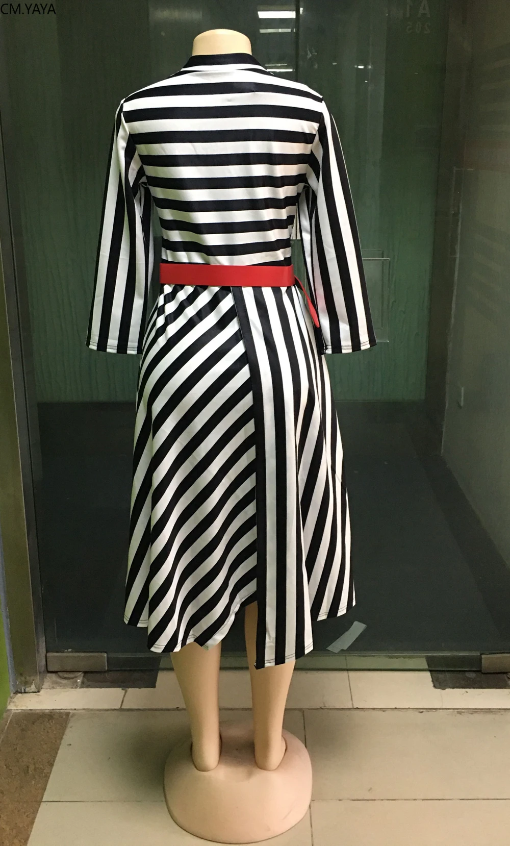 Women Winter Fall Three Quarter Sleeve Striped Dress Office Lady Street Style Sashes Asymmetrical midi Dresses Plus Size AM387 | Женская