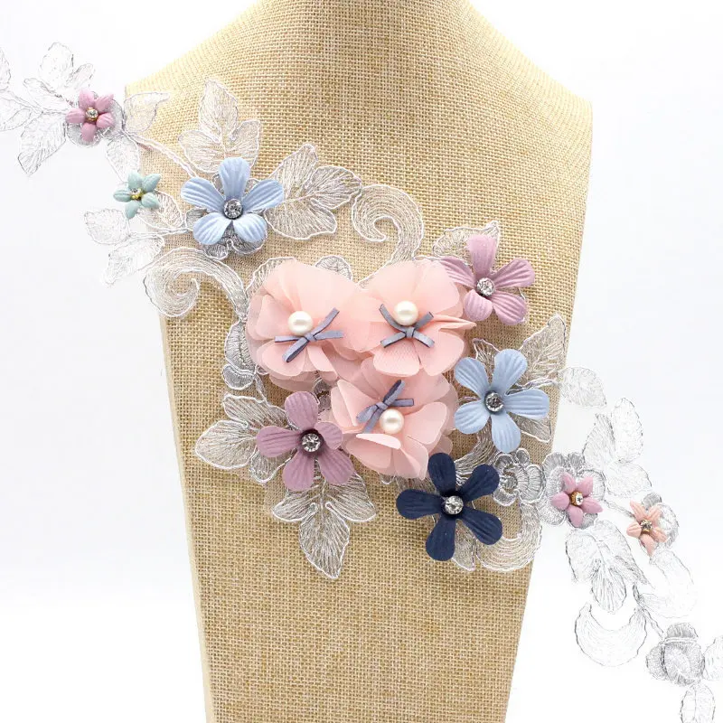 Красивая кружевная Аппликация в форме цветка воротник жемчужные бусины 3D цветок