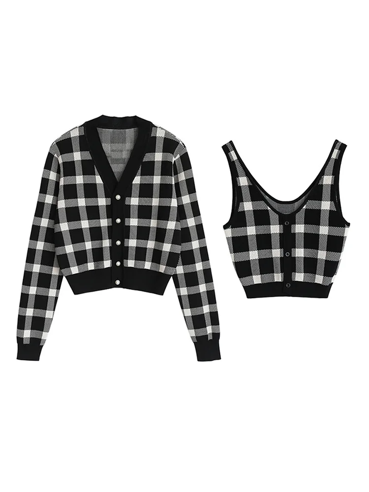 Кардиган Unif с V-образным вырезом женский жилет короткий клетчатый свитер