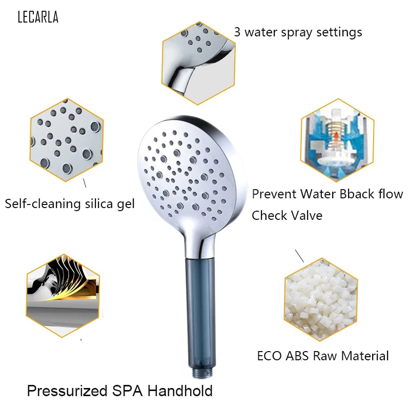 

LECARLA Pressurized Nozzle 3-Function SPA Adjustable Handhold Bathroom Accessories Water Saving Rainfall ABS Chrome Shower Head