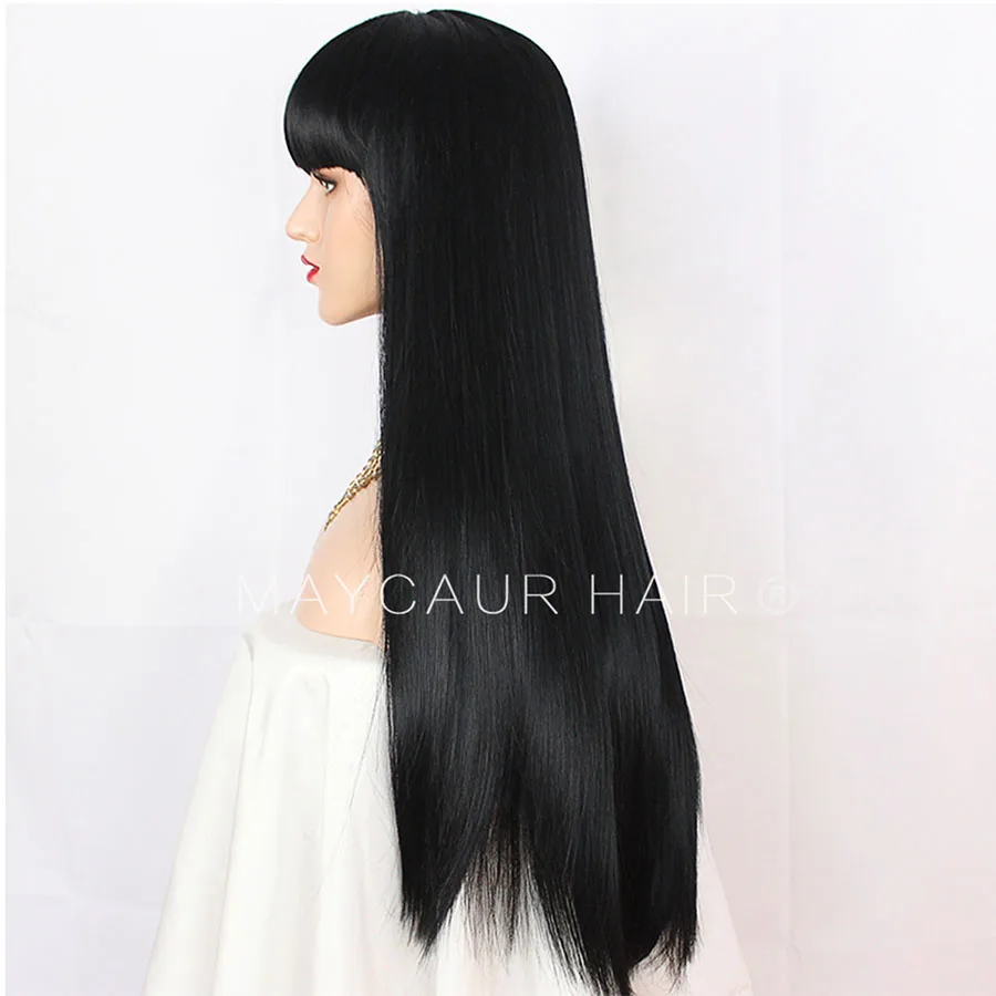 Maycaur Long Black Synthetic Hair Wigs with Bangs Glueless Straight Wig For Women 18-24 Inch | Шиньоны и парики