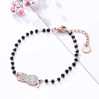 clear crystal small cat charms bracelet for women black beaded chain bracelet girls party gift pulseira mulher steel jewelry