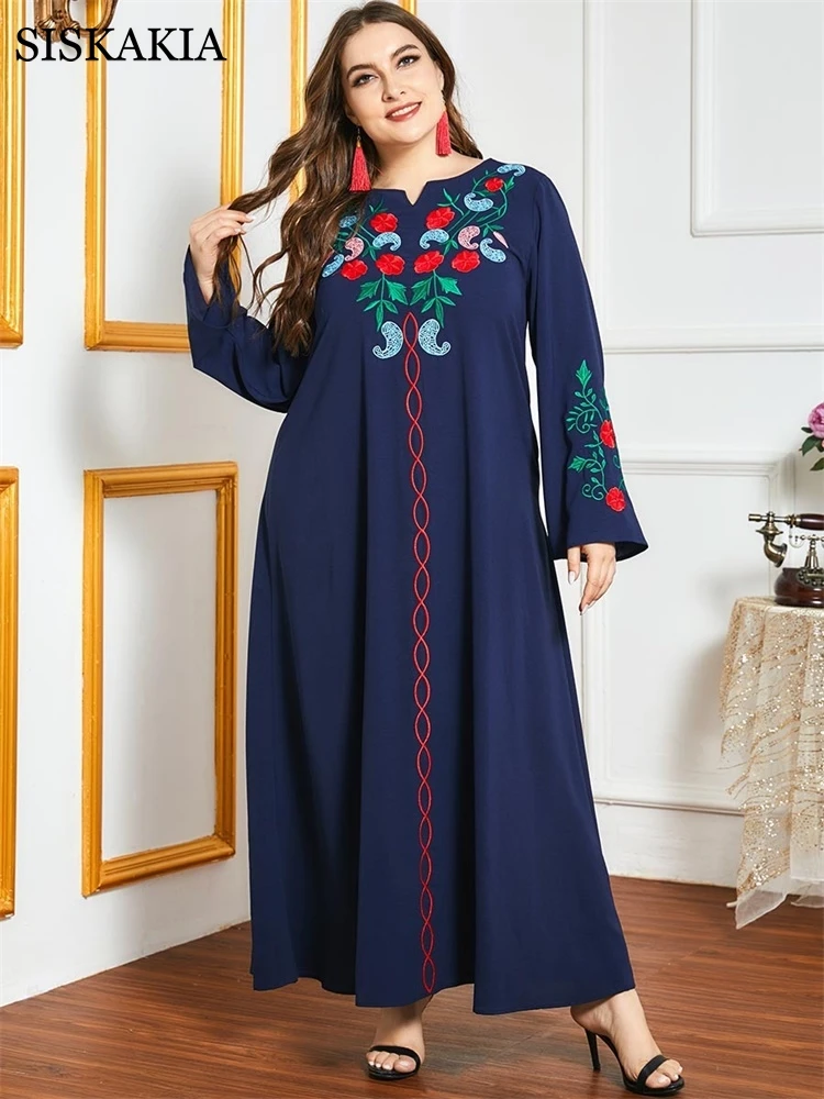 

Siskakia Indie Folk Floral Embroidery Maxi Dress for Women 2021 Indie Folk Long Sleeve Elegant Muslim Arabic Dubai Clothes Eid