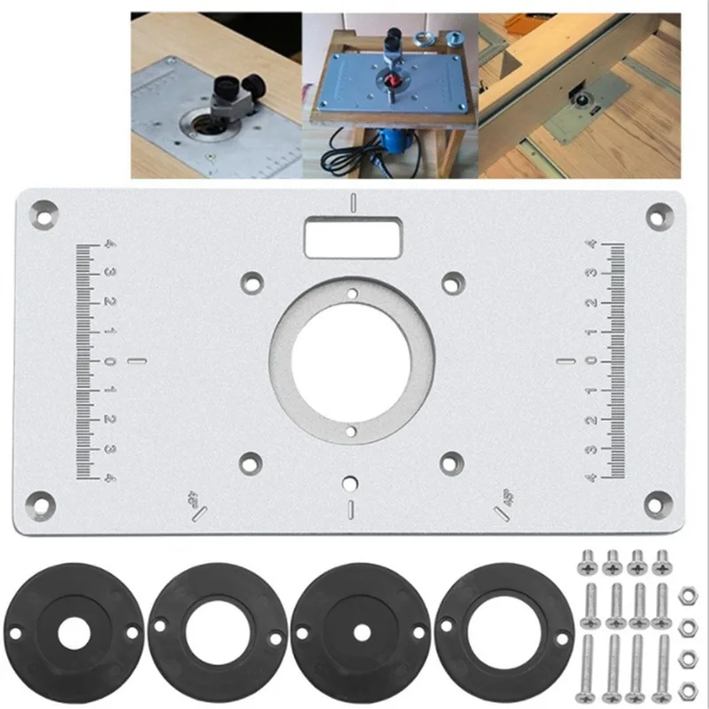 

1 set Aluminum Router Table Insert Plate w/ 4 Rings For Woodworking Benches Router Table Plate