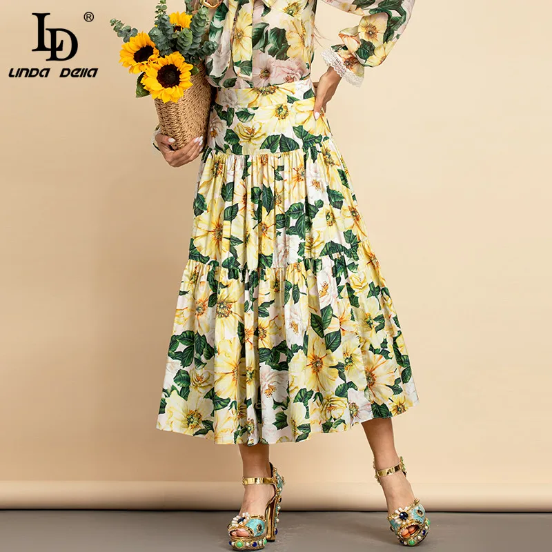 

LD LINDA DELLA New 2021 Summer Fashion Designer Cotton Skirts Women High Waist yellow Camellia Floral Print Elegant Midi Skirt