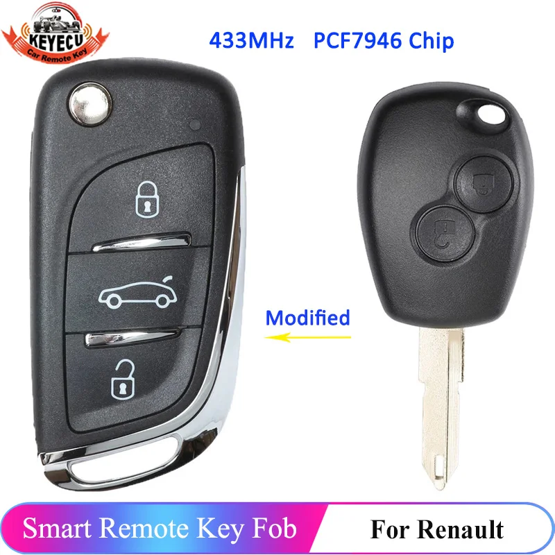 

KEYECU 2 3 Button 433MHz PCF7946 Upgraded Flip Remote Car Key Fob for Renault Master Modus Traffic Clio III Kangoo II 2006-2010