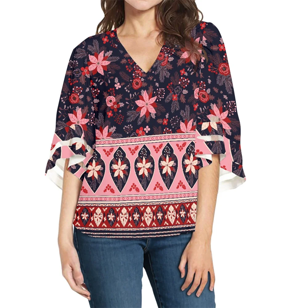 

Женская шифоновая блузка с полурукавами, V-образным вырезом и цветочным принтом