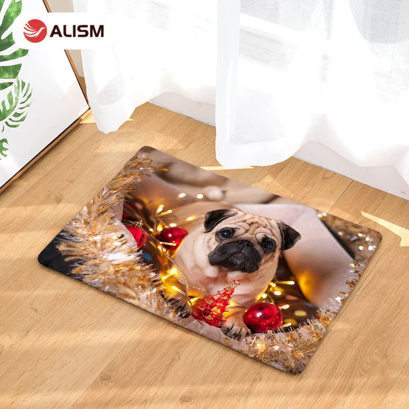 

Flannel Printed Pug Dog Entrance Doormat Non-Slip Absorb Water Bath Mat Floor Carpet Christmas Decorations For Home Kitchen Rug