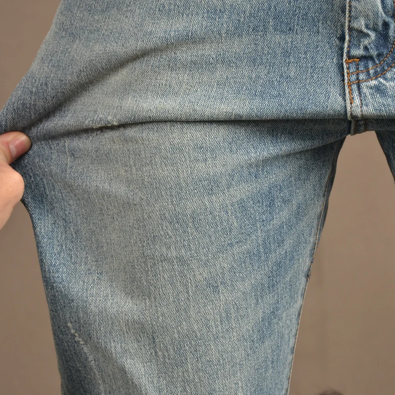 Autumn Men Vintage Blue Ripped Jeans Casual Streetwear Regular Fit Denim Pants