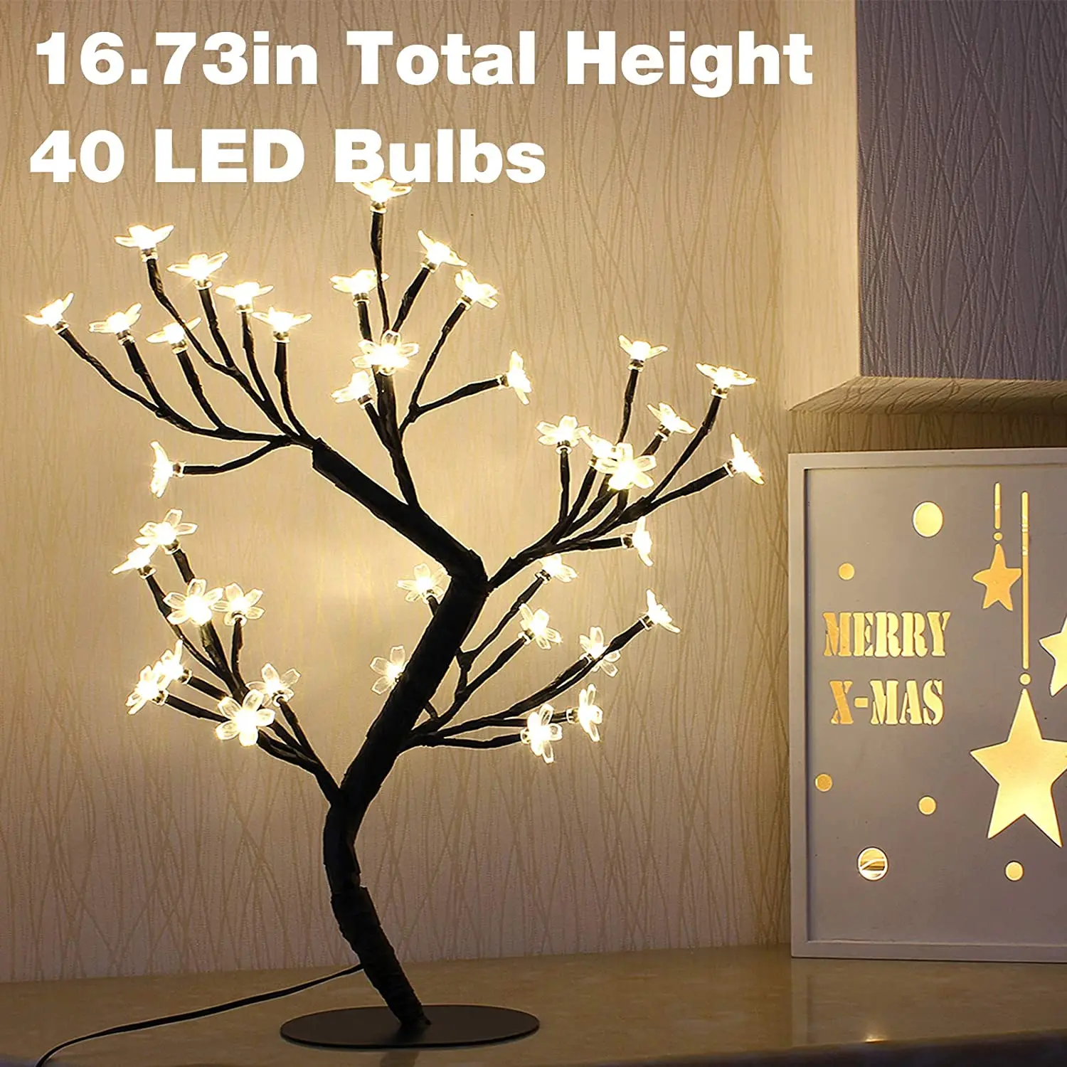 

Cherry Blossom Tree Lamp Table Decoration 17in Artificial Tree with 40 LED Lights for Bedroom Party Wedding Home Warm White