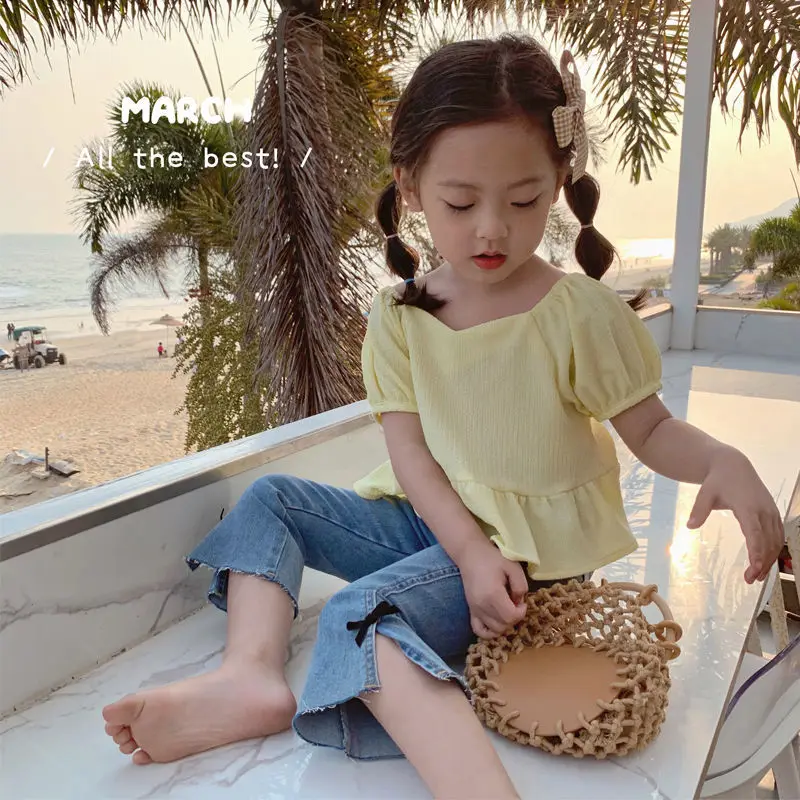 

2021 New Spring Summer Girls Flares Jeans Korean Thin Girls Elastic Waist Fashion Casual Cute Bow Comfortable Split Fork Pants
