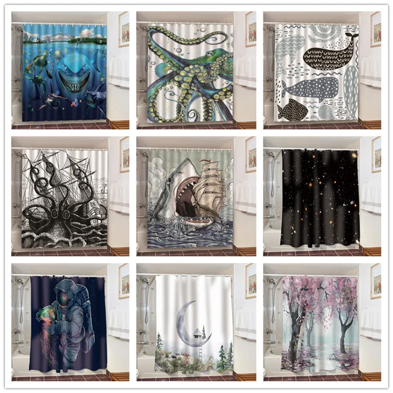 Водонепроницаемая занавеска для душа из полиэстера с принтом морских животных