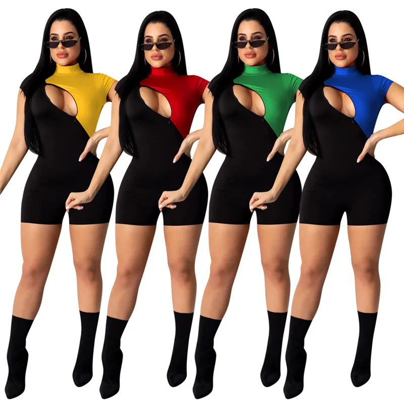 Color Block Bodycon Playsuit Women Short Sleeve Hollow Out Sexy Jumpsuit Summer 2020 Zip Up Party Club Romper Jumpsuits Shorts