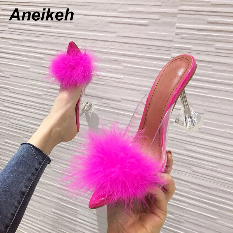 Тапки Aneikeh женские из ПВХ Мех животных прозрачные перо кристаллы высокий каблук