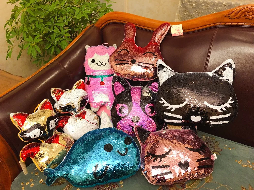 Мягкая плюшевая подушка в виде кошки собаки Дельфина кролика с блестками |