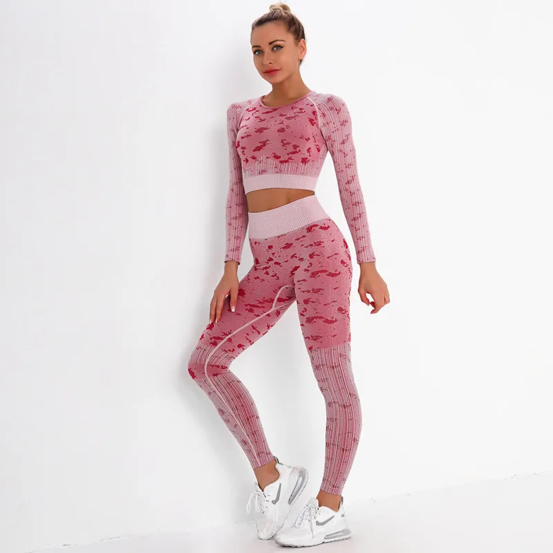 

Printed Yoga Sets Two Pieces Fitness Clothing Set Long Sleeve Tops and Pant Suit Knitted Running Sets Breathable Suit U435