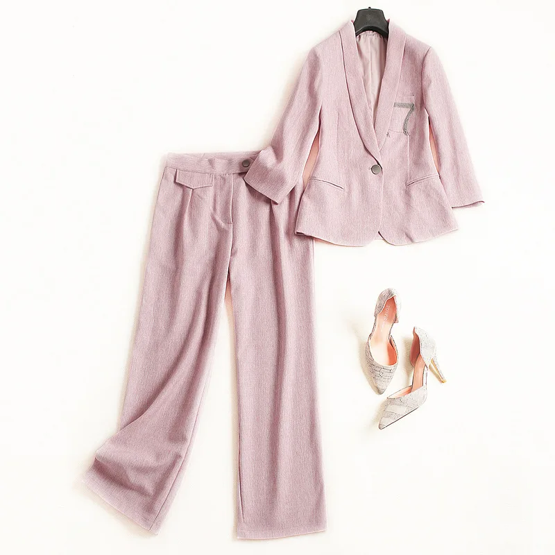 

2021 весенние офисные одежда размера плюс, на одной пуговице, с рукавом «три четверти» розовый льняной пиджак костюм пальто прямого, комплект ...