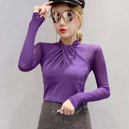 Chemisier Femme, новинка, сетчатая однотонная женская блузка с длинным рукавом, топы, повседневная приталенная рубашка с круглым вырезом, женская одежда, осень 7300 50 - Цвет: Фиолетовый