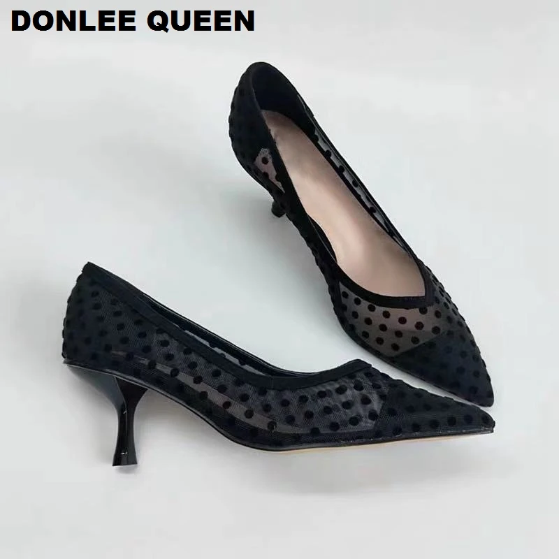 

2020 Spring Thin Heels Pumps Shoes Women Pointed Toe High Heel Work Shoes Polka Dot Mesh Vintage Elegant Shallow Pumps For Party