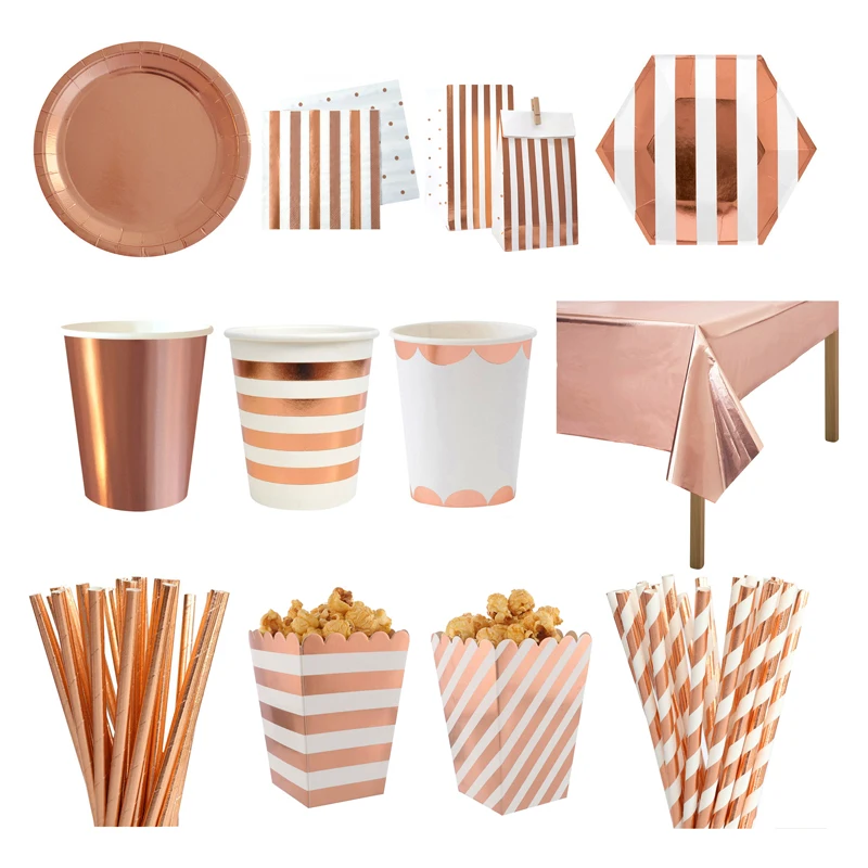 

Rose Gold Disposable Party Tableware Paper Plates Napkins Straws Cups Baby Shower Birthday Party Decoration Kids Party Supplies