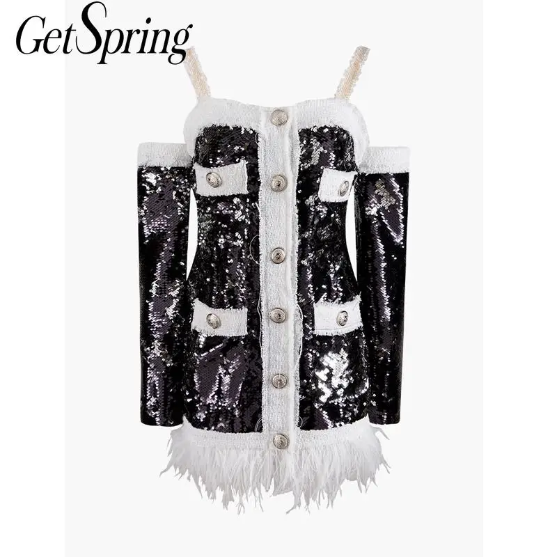 Getвесеннее женское платье пэтчворк с перьями и блестками вырезом лодочкой