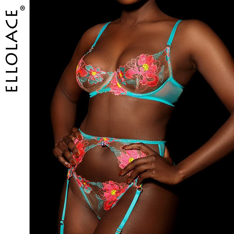 

Ellolace Lingerie Set Sexy Exotic Fancy Floral Transparent Underwear Lace Sensual Push Up Underwire Bra Garters Thong Brief Sets