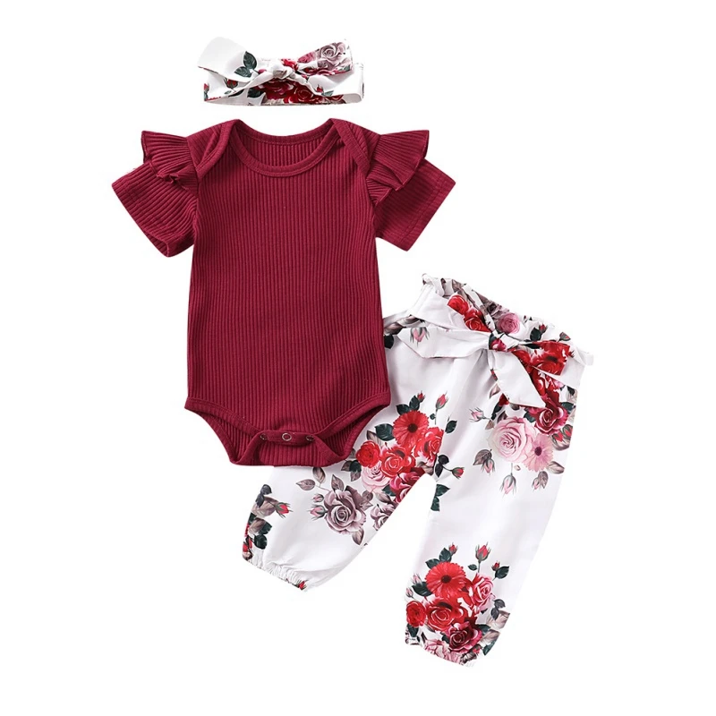 

New Arrives Newborn Baby Girl Clothes Infant Baby Girl Sets Solid Romper+Flower Print Pants+Hairband Baby Girl Outfits