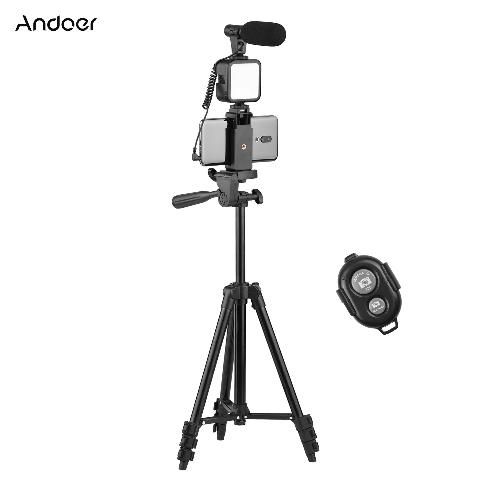 

Andoer Phone Vlog Video Kit with Tripod Phone Holder Cold Shoe Microphone LED Video Light Remote Shutter for Phone Camera Video