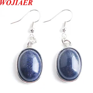 WOJIAER Women Dangle Drop Earrings Natural Egg-shaped Gem Stone Beads Healing Blue Sand Earring Jewellery PR8026