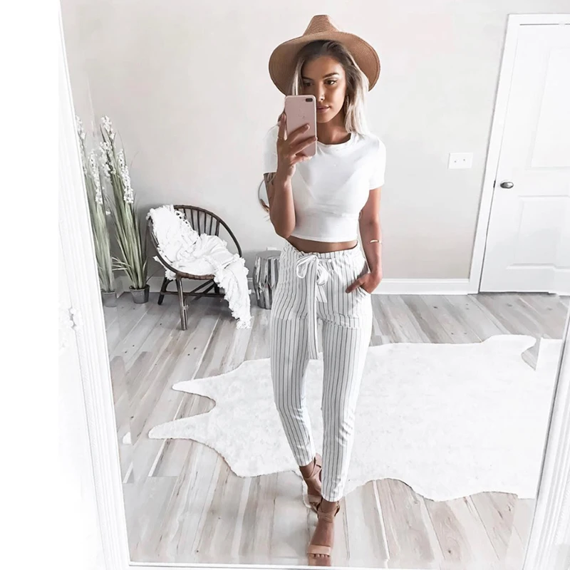 

Striped OL Chiffon Pants High Waist Harem Pants Women Summer Style Casual Female Trousers 2021 New Bowknot Decor