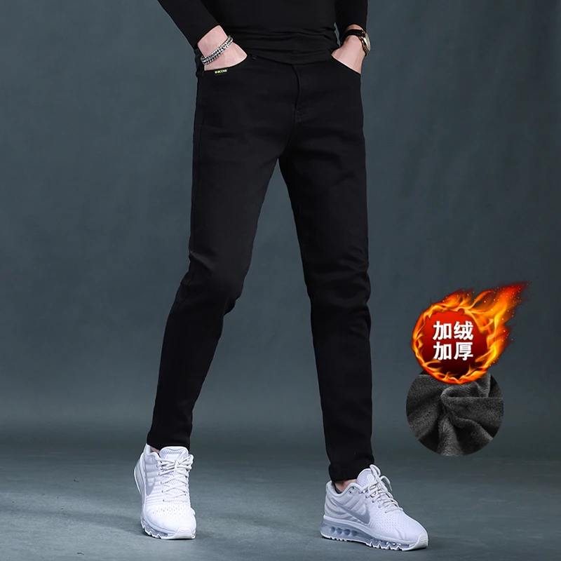 

Winter Men's Black Fleece Jeans Casual Warm Slim Fit Pencil Pants