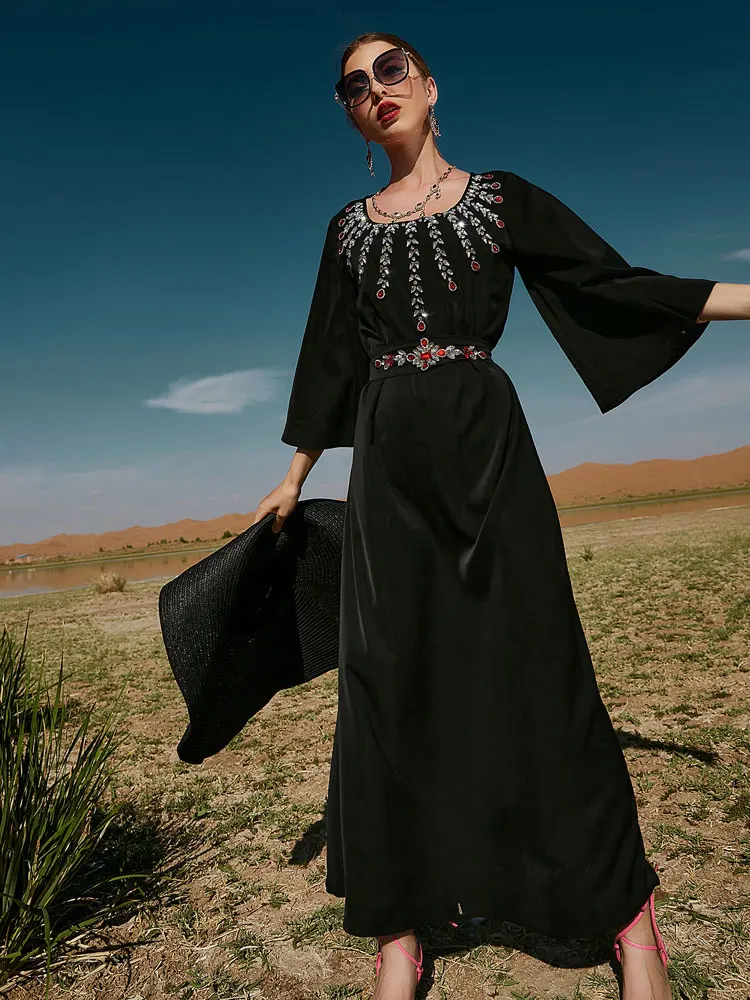 Стразы кафтан для женщин марокканвечерние сатин с расклешенными рукавами