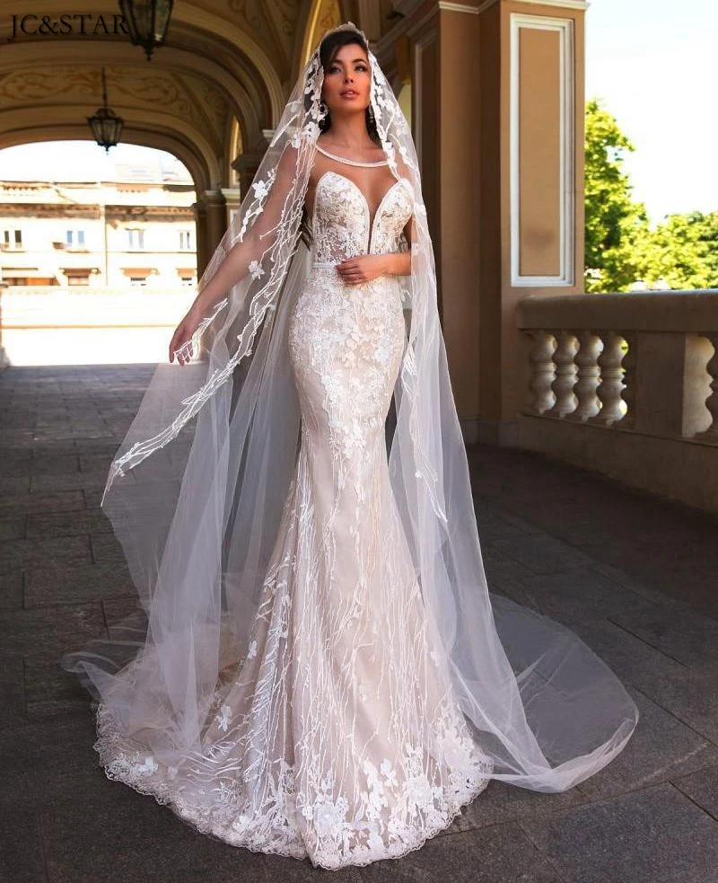 Свадебное платье-Русалка с кружевными рукавами-шапками пикантное роскошное