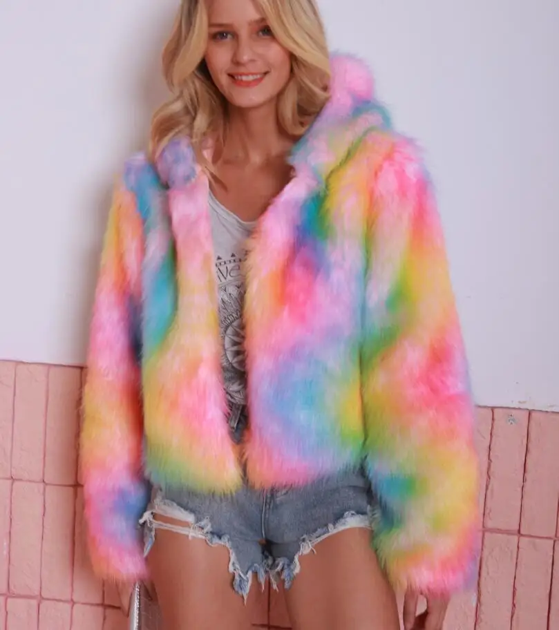 Модное меховое пальто переливающееся Женское 2020 Осень Зима Новое с капюшоном и