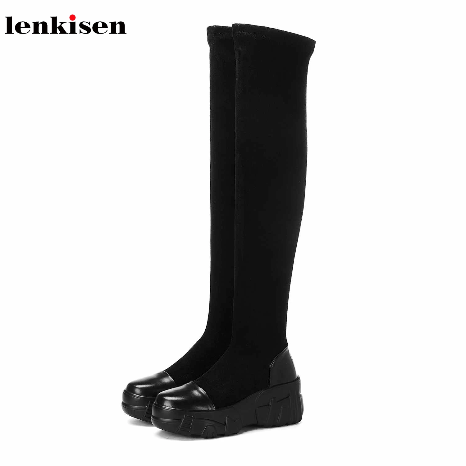 Lenkisen из коровьей кожи стрейч ткань Обувь на высоком каблуке, с круглым носком, на толстой подошве, водонепроницаемые зимние сохраняющие тепло женские зимние сапоги выше колена; L80