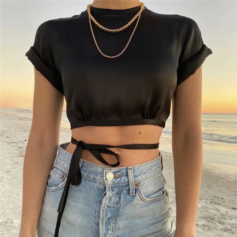 

2021 Summer Casual Girls Y2K Hollow Out Satin Short Tops Female Sexy Backless Lacing T-shirt Ladies Fashion Patry Top