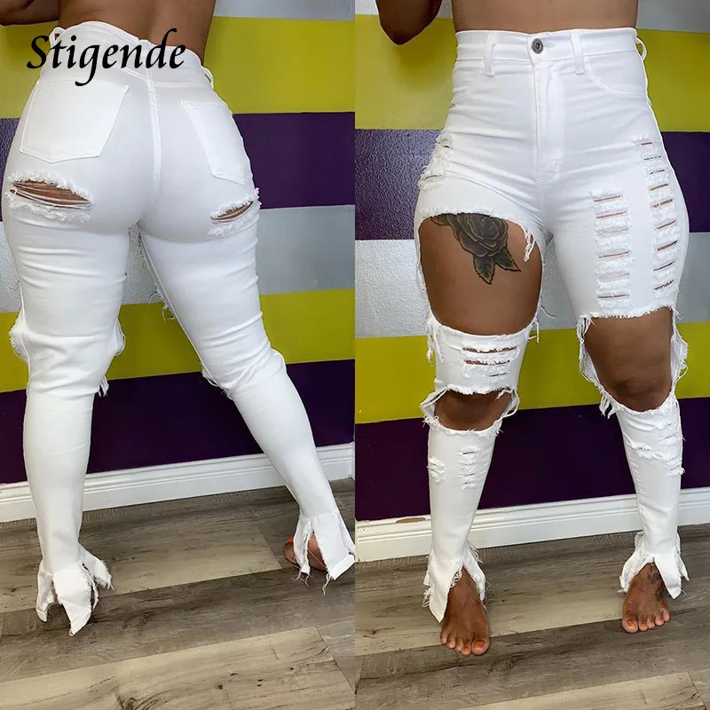 

Stigende Summer Sexy Ripped Denim Pants Women Midi Waist Hollow Out Jeans Trousers Casual Solid Pocket Hole Jeans Streetwear