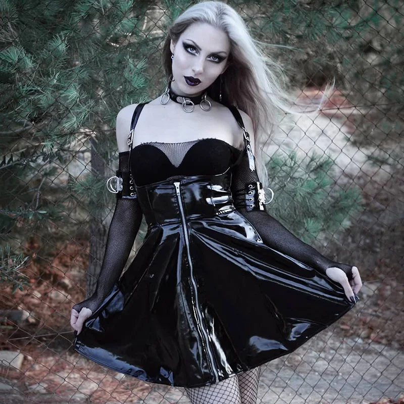 Женская кожаная плиссированная юбка Goth Dark, винтажная юбка на молнии с высокой талией, готическая приталенная короткая юбка на лето