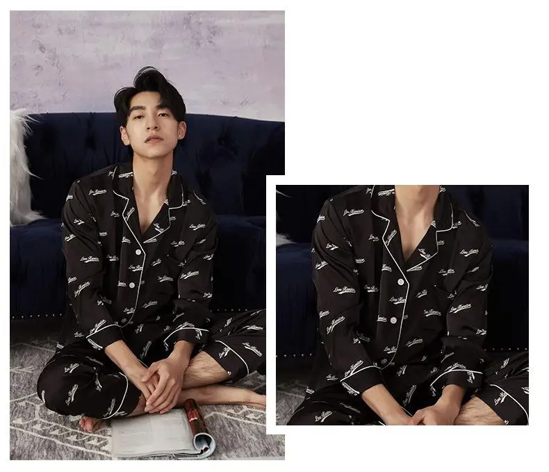 

Long Sleeve Lovers' Pajamas Sleepwear Print Letter Sleep Set Faux Silk Satin 2PCS Shirt&pant Loose Trouser Suits Home Wear