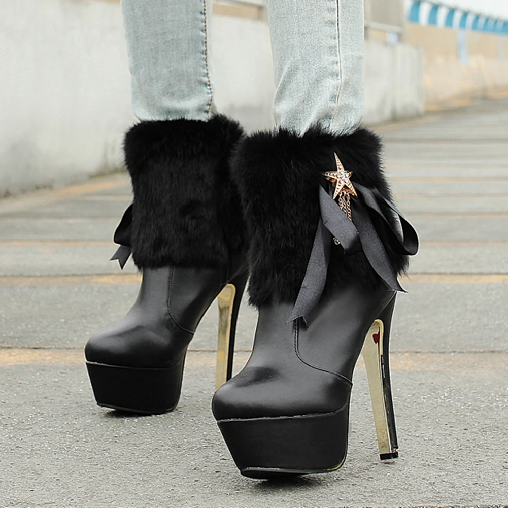 

Sarairis Brand New 2020 Super High Heels Winter Boots Woman Shoes Metal Decoration Platform High Zip Up Add Fur Warm Booties