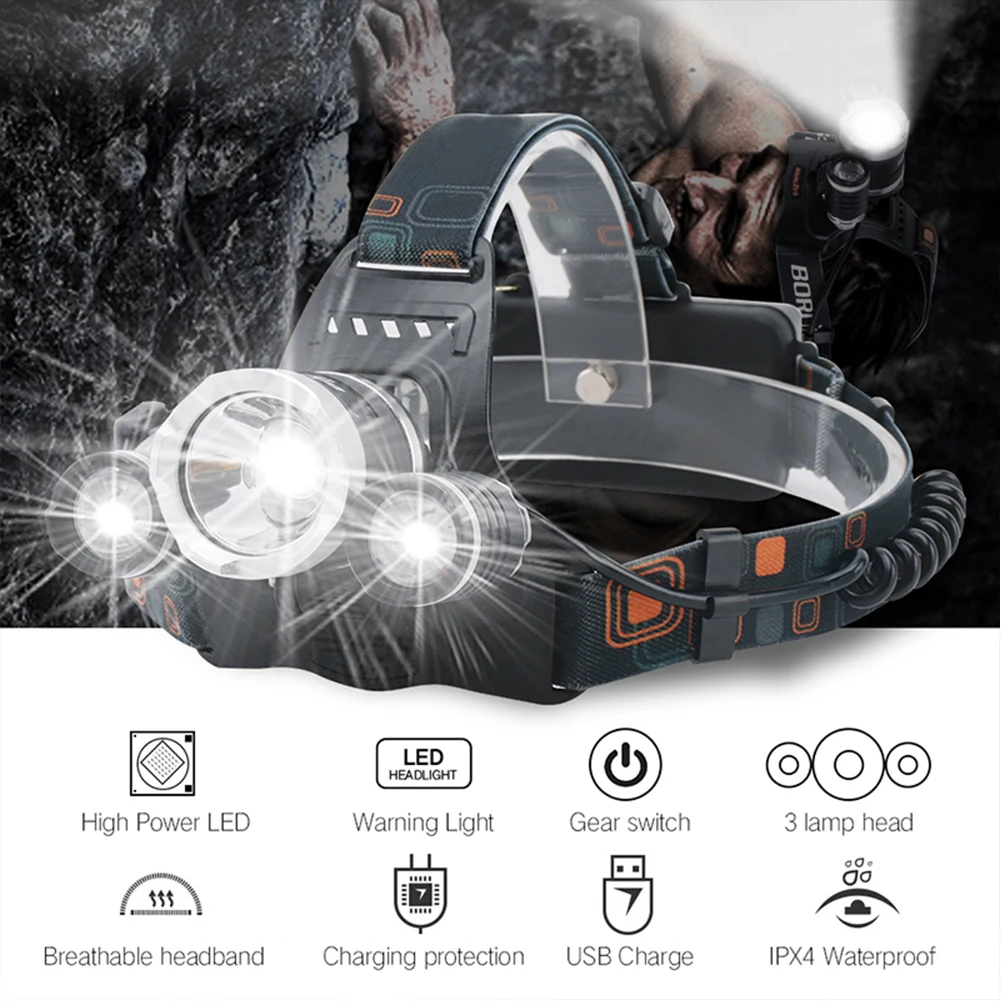 

LED Rechargeable Headlamp USB Headlight Flashlight Torch with Waterproof 3T6 Lampwick Outdoor Reading Running Camping Fishing