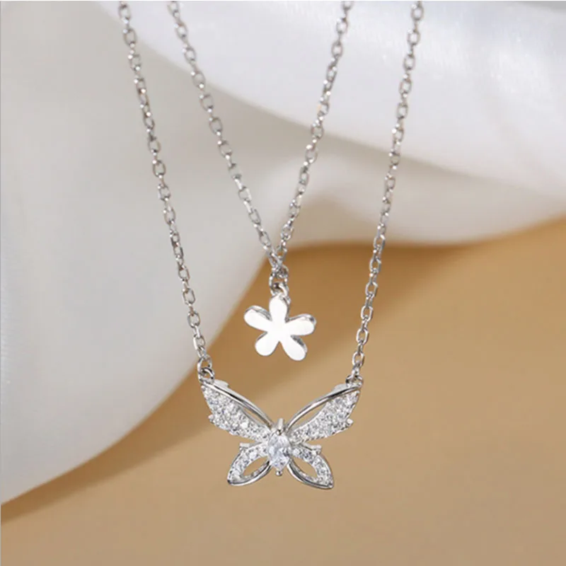 

VENTFILLE 925 Sterling Silver Shiny Zircon Butterfly Flowers Necklaces for Women Exquisite Chain Light Luxury French Jewelry
