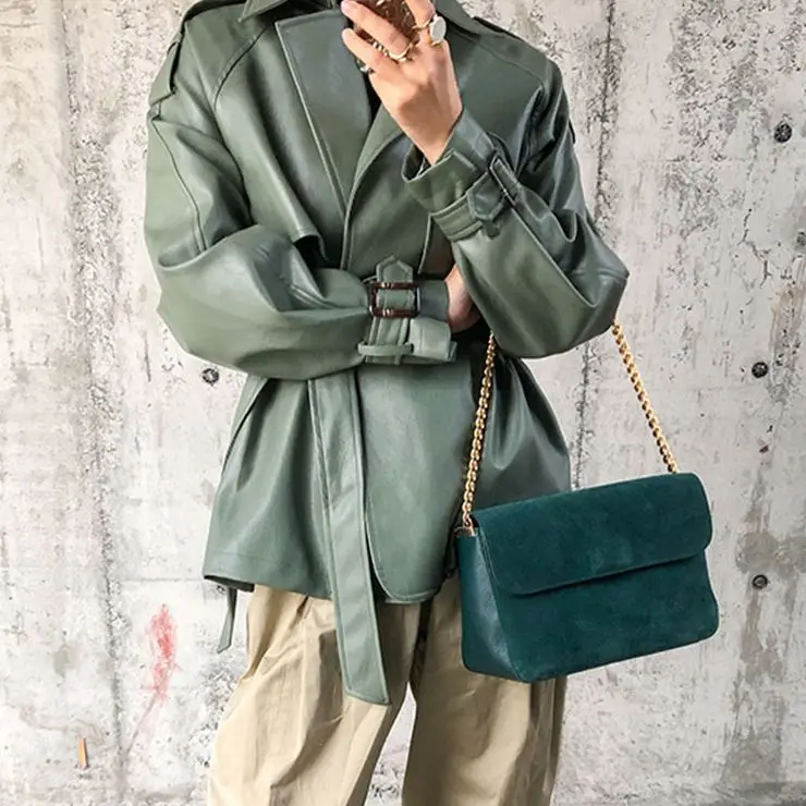 

New Spring Autumn Women Faux PU Leather Casual Streetwear Outwear Motorcycle Leather Jacket with Belt Green Biker Coat